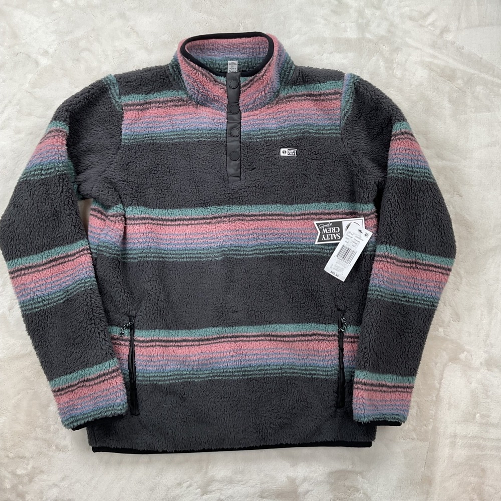 Salty Crew Womens XS Sherpa Fleece Pullover Snap Neck Striped Gray Pink Teal NEW